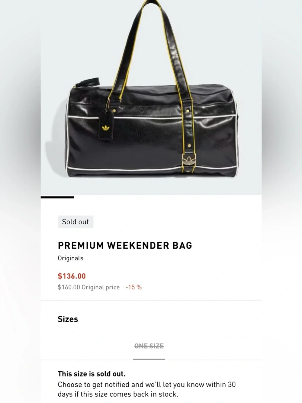 Adidas Originals Premium Weekender Bag Black & Yellow KE2330.  NWT